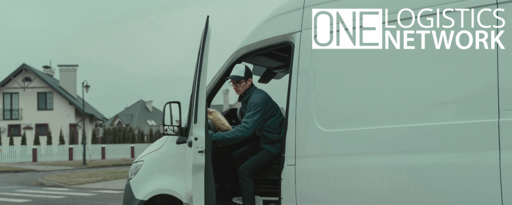Driver exiting white delivery van with a package on a residential street; One Logistics Network logo visible. Illustrates fast shipping and last-mile delivery challenges.